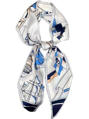 Women's Blue White Silky Satin Headscarf Wrap Lightweight Scarves Scarf